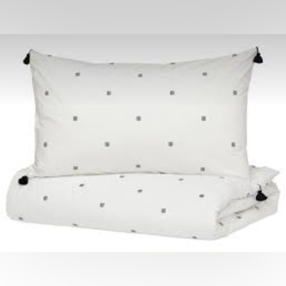 IKEA RÄVTÖREL Duvet Cover Set Queen White Black Tassel Bedding Boho Embroidered - Picture 2 of 11